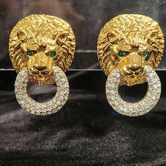 Kenneth Jay Lane Jewelry - KJL Lion Rhinestone Door Knocker Earrings Clip on Kenneth Jay Lane Vtg Jewelry
